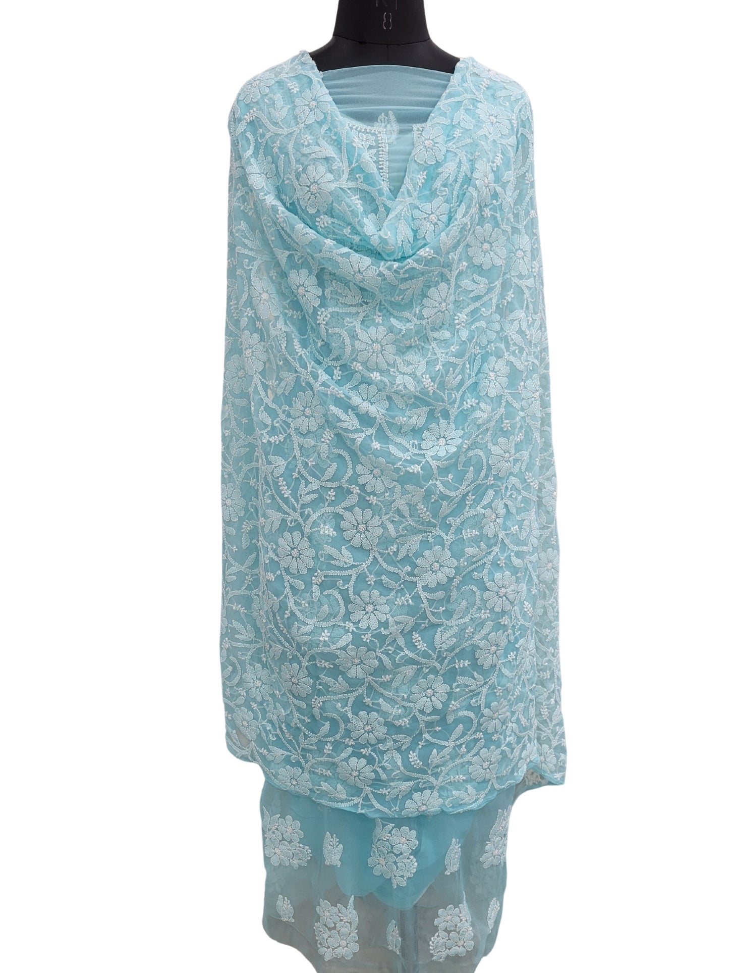 Shyamal Chikan Hand Embroidered Blue Georgette Lucknowi Chikankari Unstitched Suit Piece With Heavy Dupatta - S24369