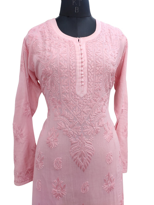 Shyamal Chikan Hand Embroidered Peach Modal Cotton Lucknowi Chikankari Kurti - S24892