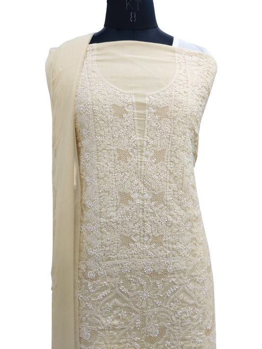 Shyamal Chikan Hand Embroidered Beige Cotton Lucknowi Chikankari Unstitched Suit Piece With Jaali Work- S22224