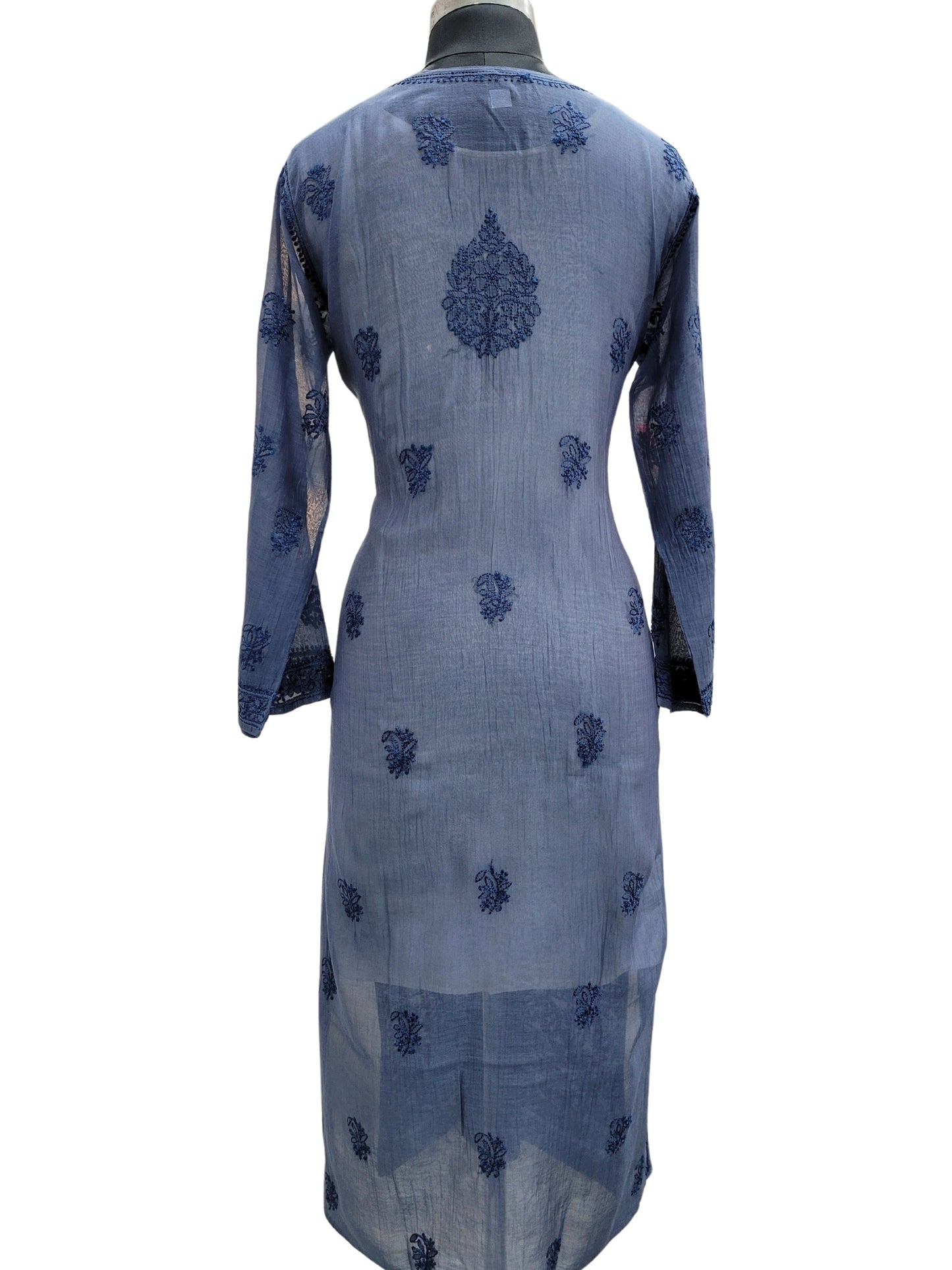 Shyamal Chikan Hand Embroidered Peacock Blue Mul Chanderi Lucknowi Chikankari Kurti - S22144