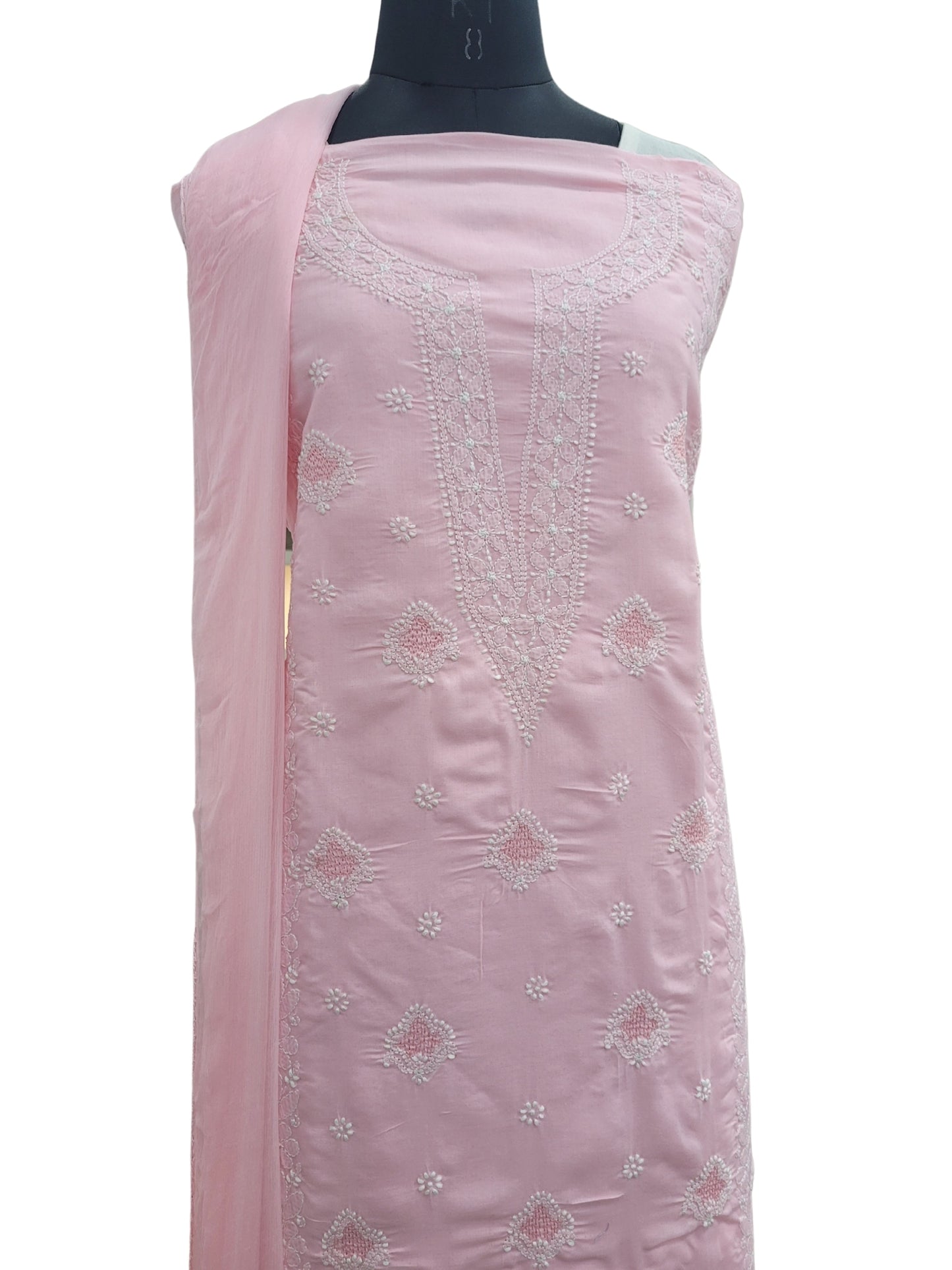 Shyamal Chikan Hand Embroidered Pink Cotton Lucknowi Chikankari Unstitched Suit Piece With Jaali Work - S25050