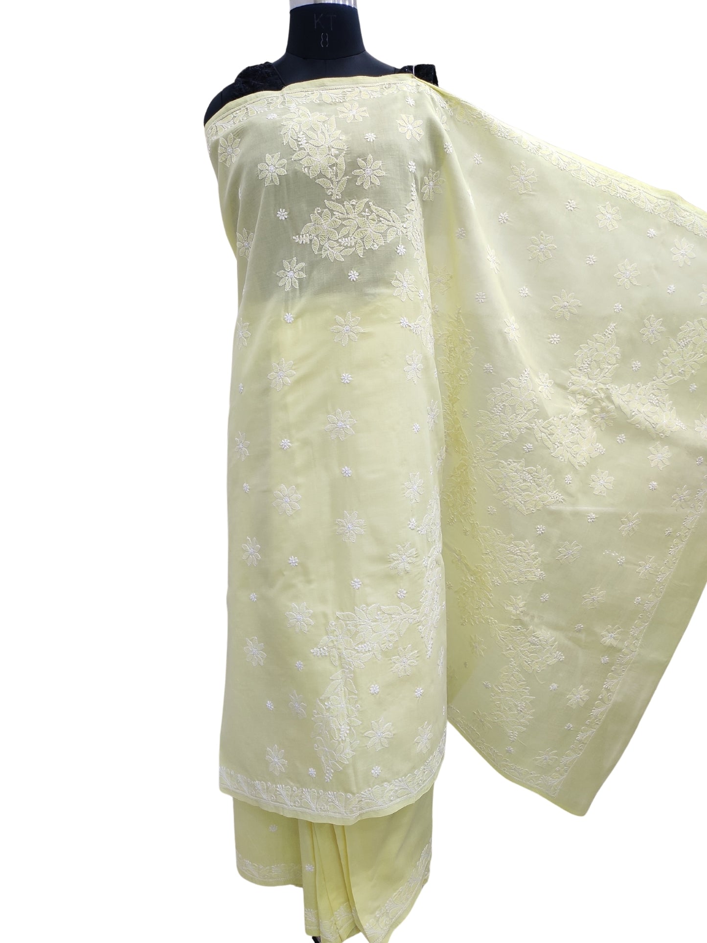 Shyamal Chikan Hand Embroidered Lemon Cotton Lucknowi Chikankari Saree With Blouse Piece- S22734