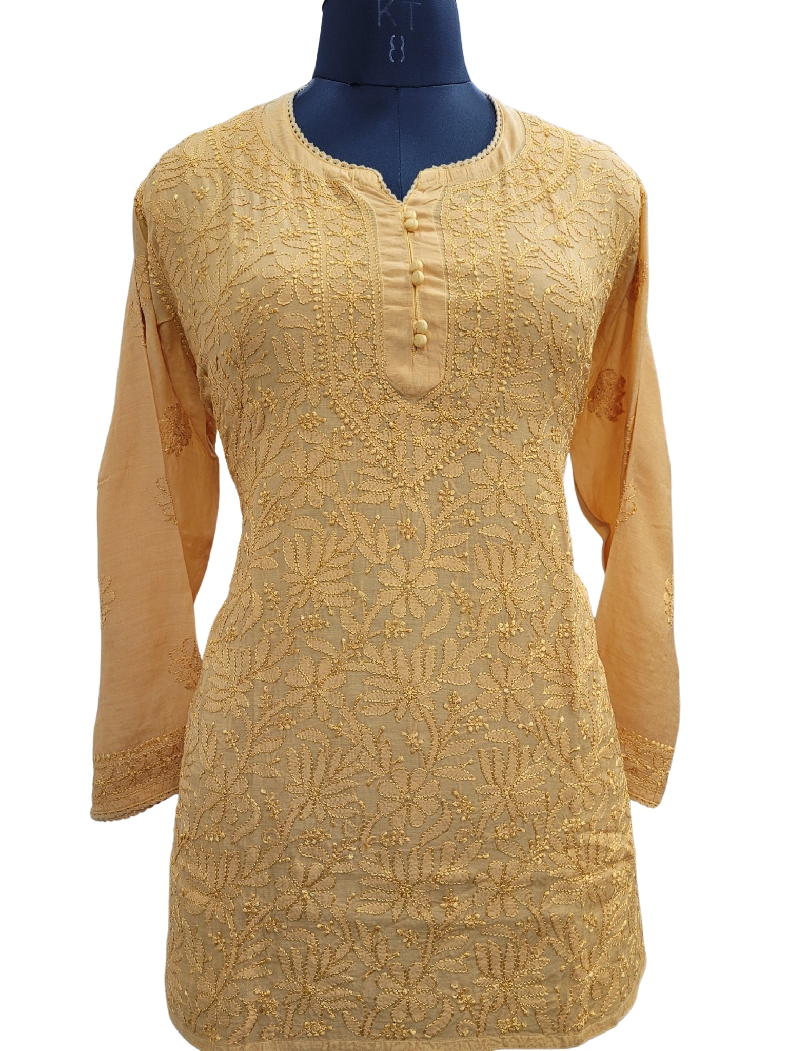 Shyamal Chikan Hand Embroidered Yellow Muslin Lucknowi Chikankari Short Top - S23495