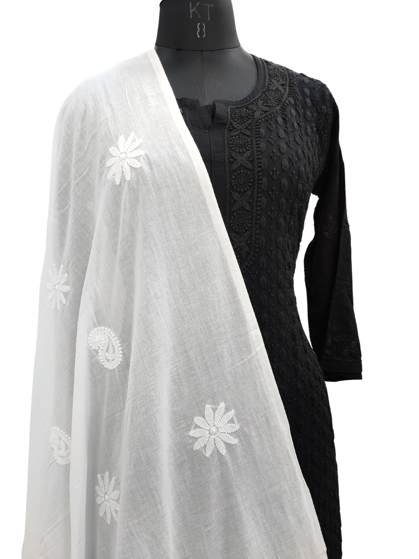 Shyamal Chikan Hand Embroidered White Malmal Cotton Lucknowi Chikankari Dupatta - S24489