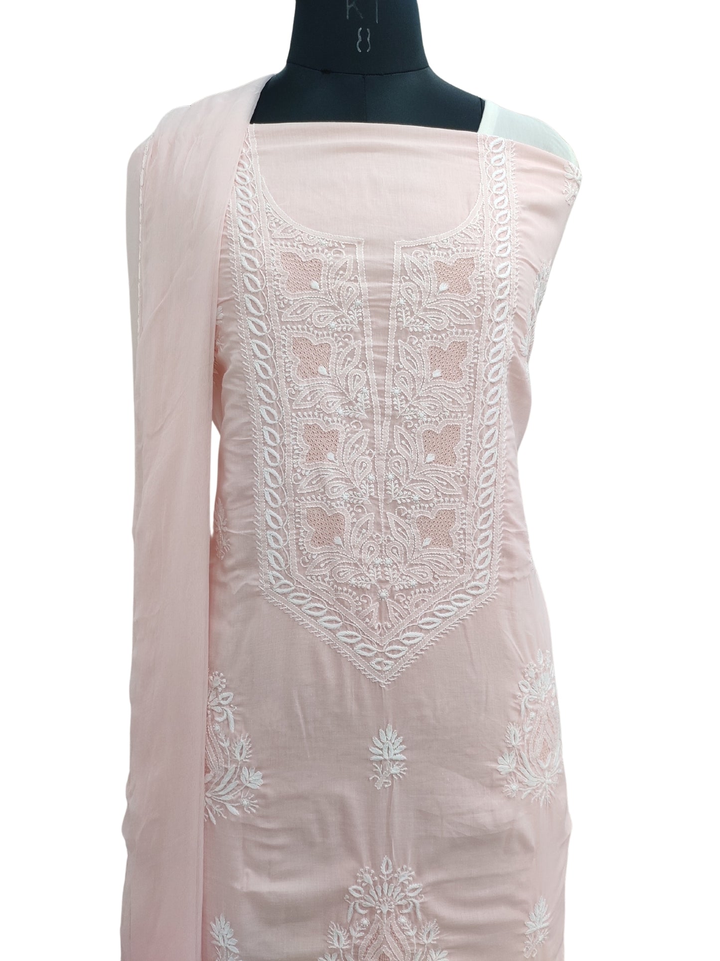 Shyamal Chikan Hand Embroidered Peach Pure Cotton Lucknowi Chikankari Unstitched Suit Piece - S23190