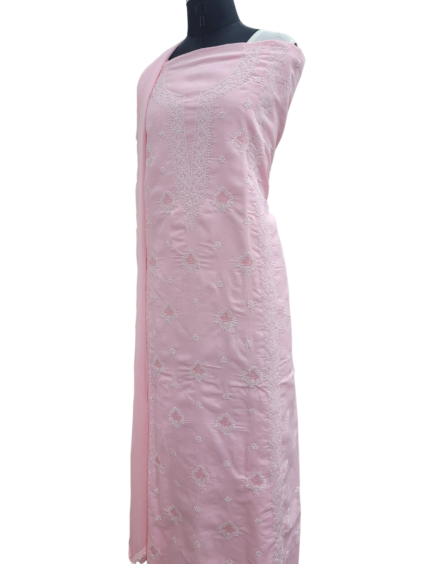 Shyamal Chikan Hand Embroidered Pink Cotton Lucknowi Chikankari Unstitched Suit Piece With Jaali Work - S25050