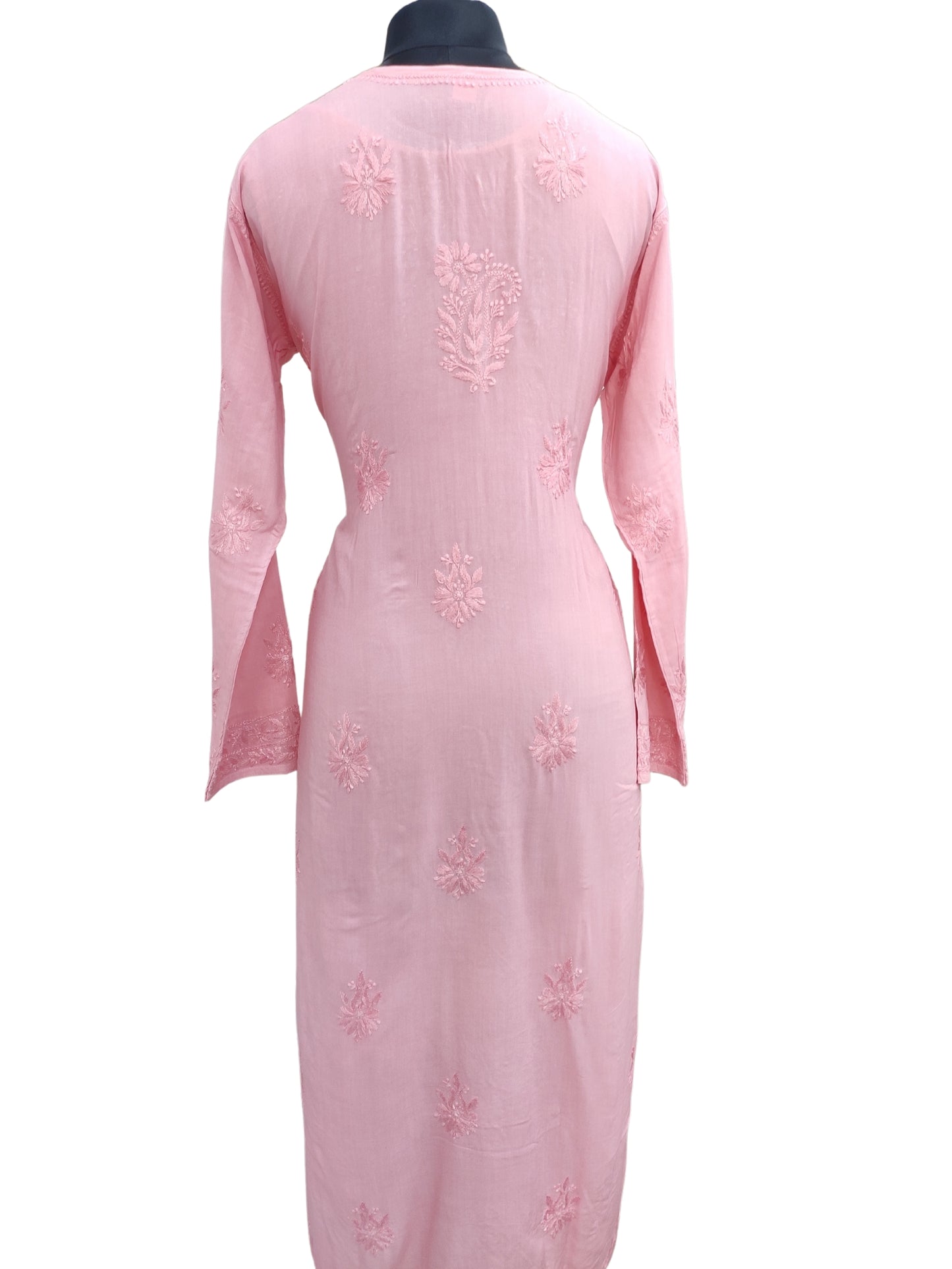 Shyamal Chikan Hand Embroidered Peach Modal Cotton Lucknowi Chikankari Kurti - S24892