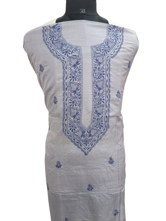 Shyamal Chikan Hand Embroidered Blue Pure Tusser Silk Lucknowi Chikankari Unstitched Men's Kurta Piece – S24564