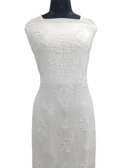 Shyamal Chikan Hand Embroidered White Muslin Lucknowi Chikankari Unstitched Kurta Piece - S23929