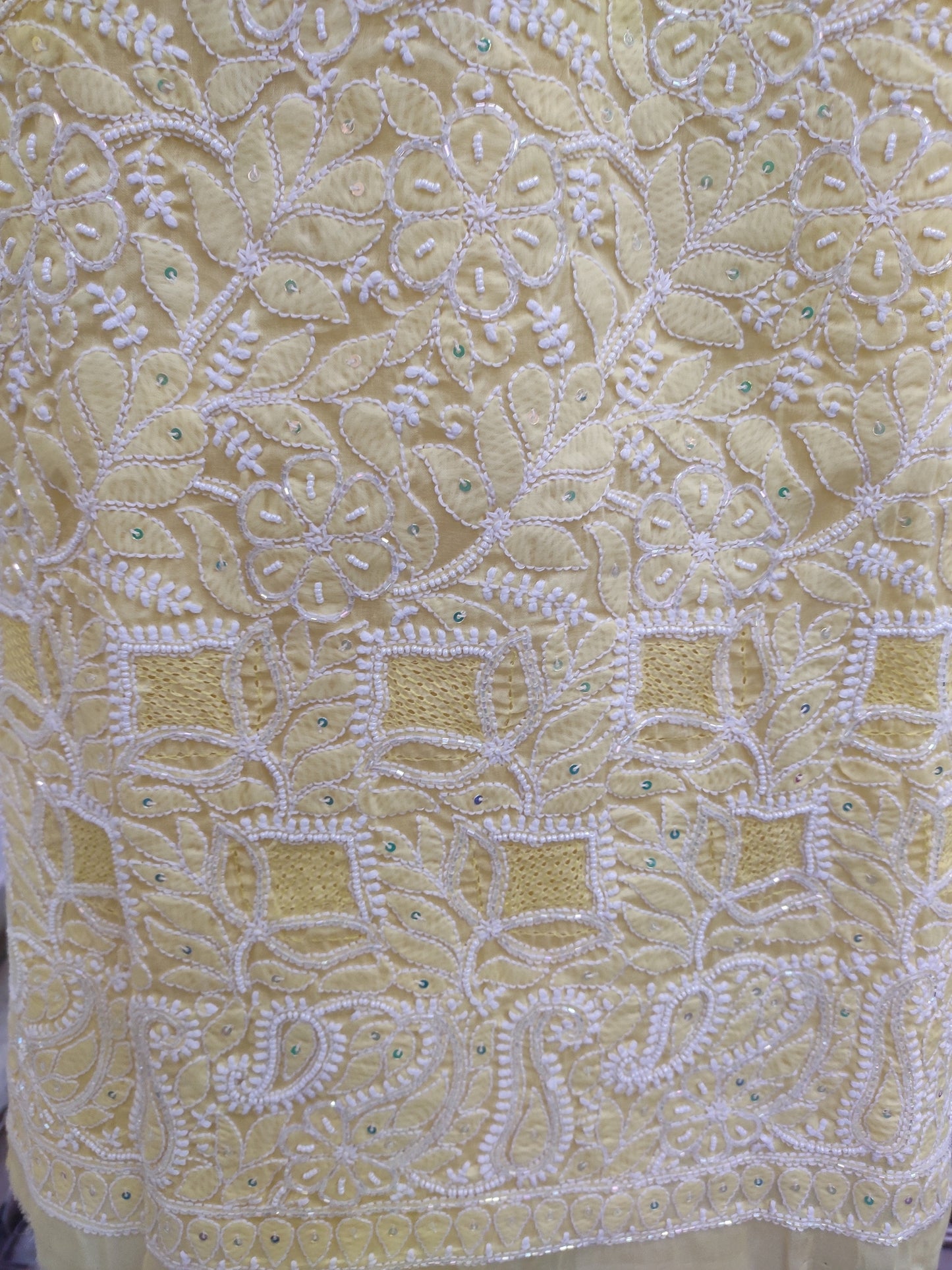 Shyamal Chikan Hand Embroidered Yellow Cotton Lucknowi Chikankari Unstitched Suit Piece With Pearl Sequin & Cutdana Work - S24324