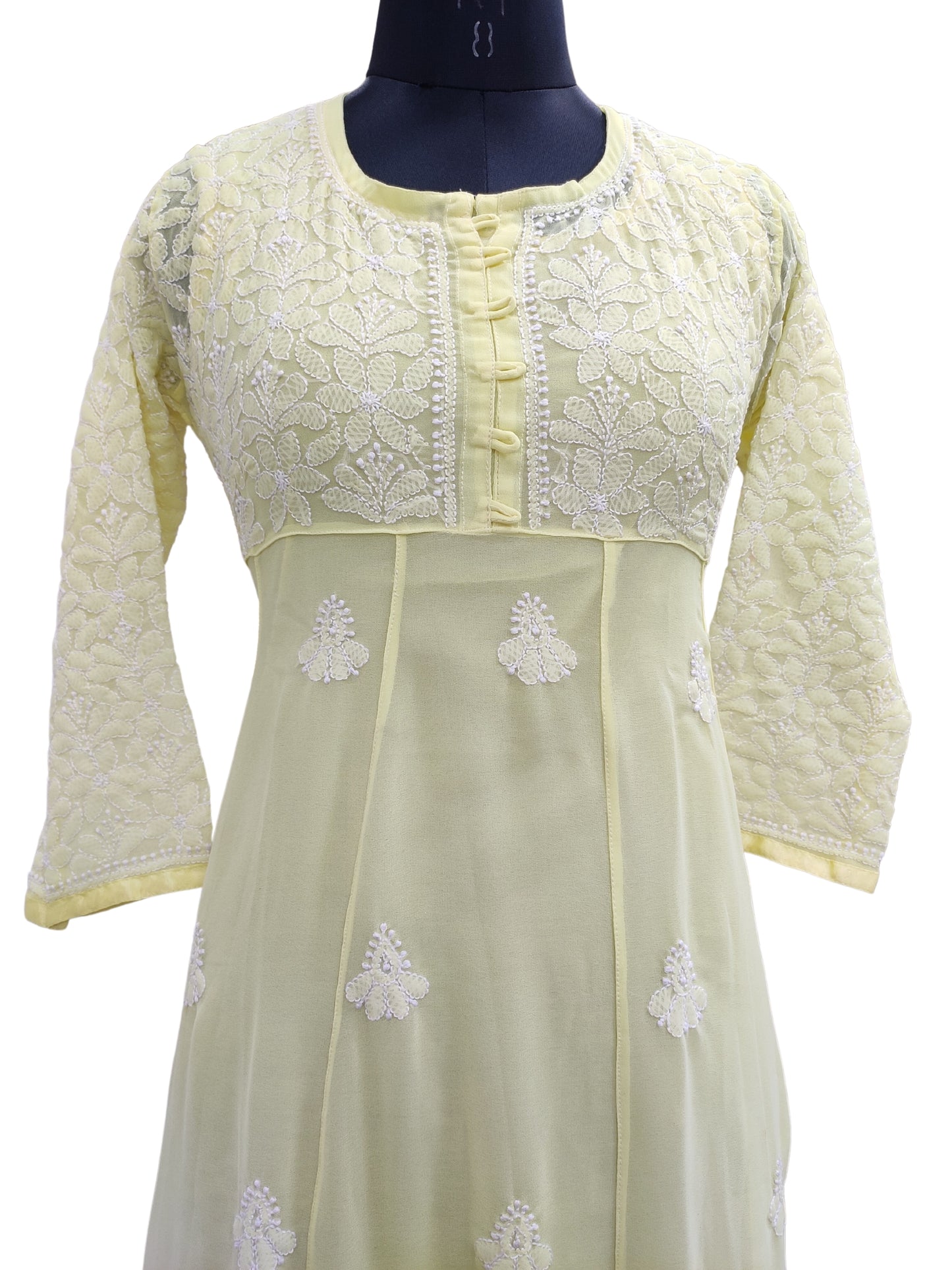 Shyamal Chikan Hand Embroidered Lemon Georgette Lucknowi Chikankari Gown - S5058