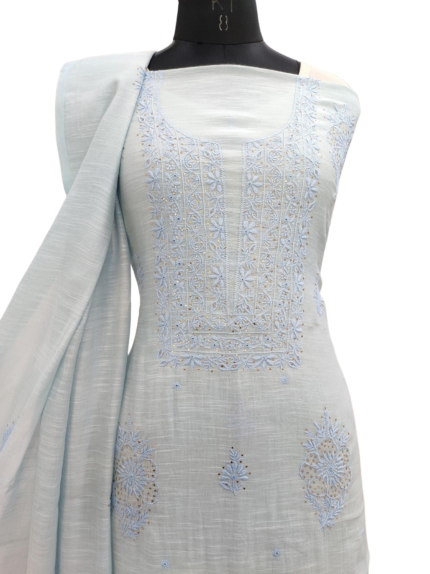 Shyamal Chikan Hand Embroidered Blue Slub Chanderi Lucknowi Chikankari Unstitched Suit Piece with Mukaish work ( Kurta Dupatta Set ) - S20864