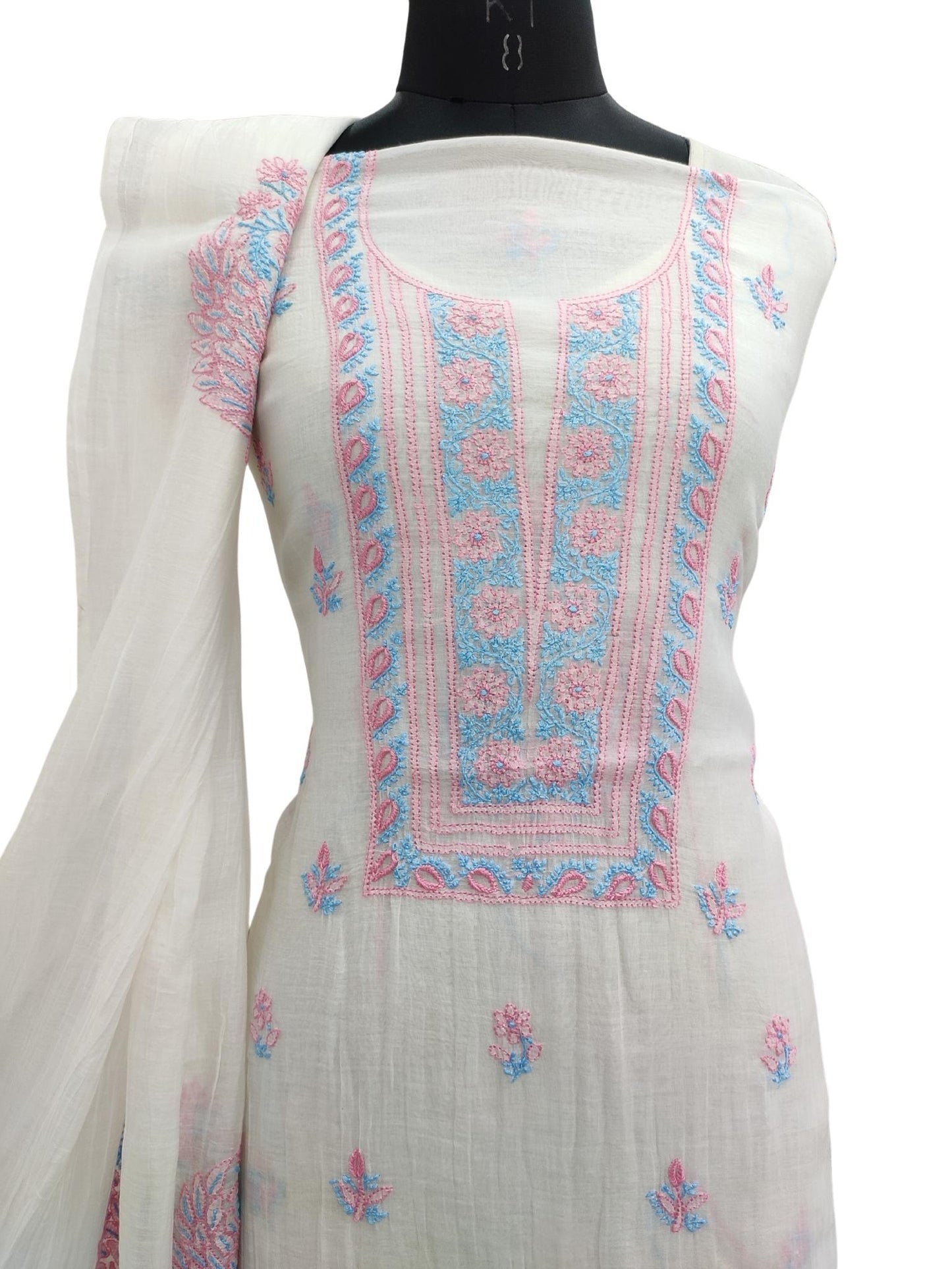 Shyamal Chikan Hand Embroidered White Mul Chanderi Lucknowi Chikankari Unstitched Suit Piece With Heavy Dupatta ( Kurta Dupatta Set ) - S21013