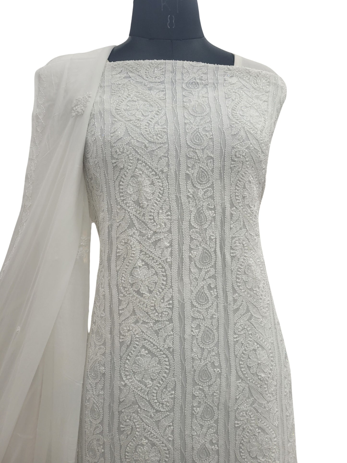 Shyamal Chikan Hand Embroidered White Viscose Georgette Lucknowi Chikankari Unstitched Suit Piece With Cutdana Work ( Kurta  Dupatta Set) - S25221