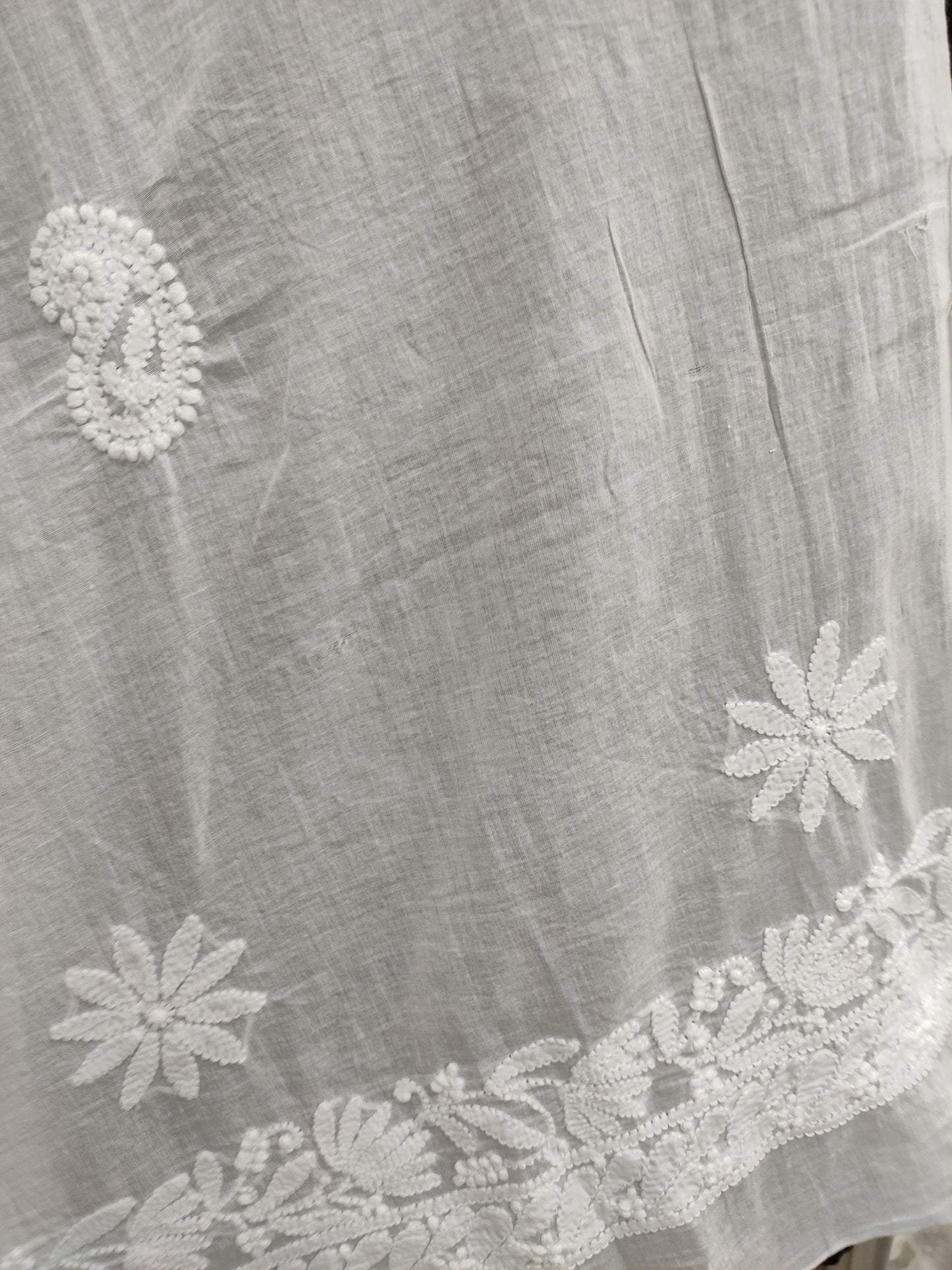 Shyamal Chikan Hand Embroidered White Malmal Cotton Lucknowi Chikankari Dupatta - S24489