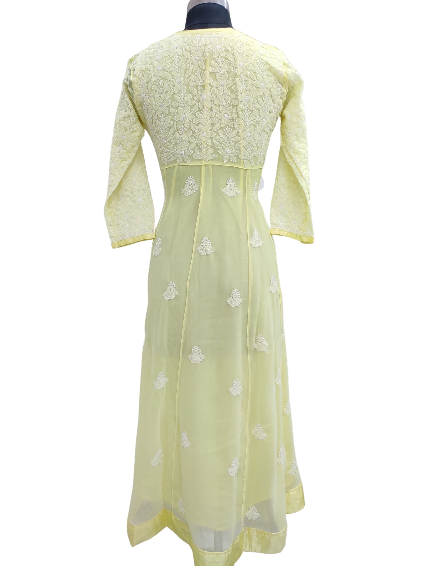 Shyamal Chikan Hand Embroidered Lemon Georgette Lucknowi Chikankari Gown - S5058