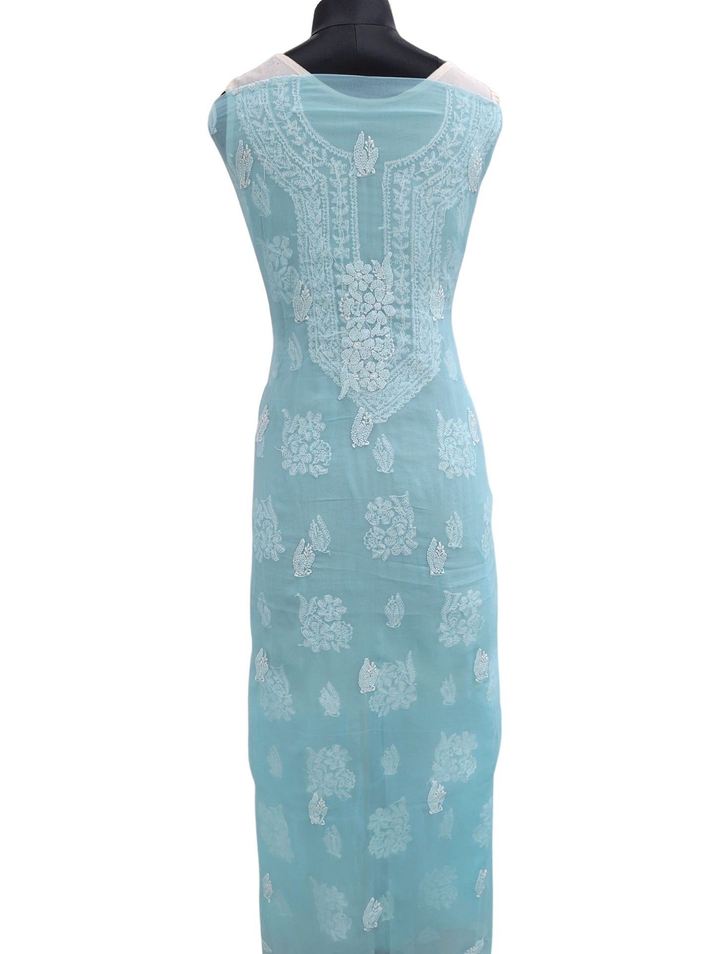 Shyamal Chikan Hand Embroidered Blue Georgette Lucknowi Chikankari Unstitched Suit Piece With Heavy Dupatta - S24369