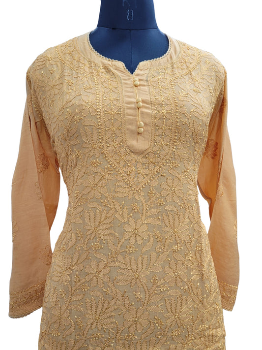 Shyamal Chikan Hand Embroidered Yellow Muslin Lucknowi Chikankari Short Top - S23495