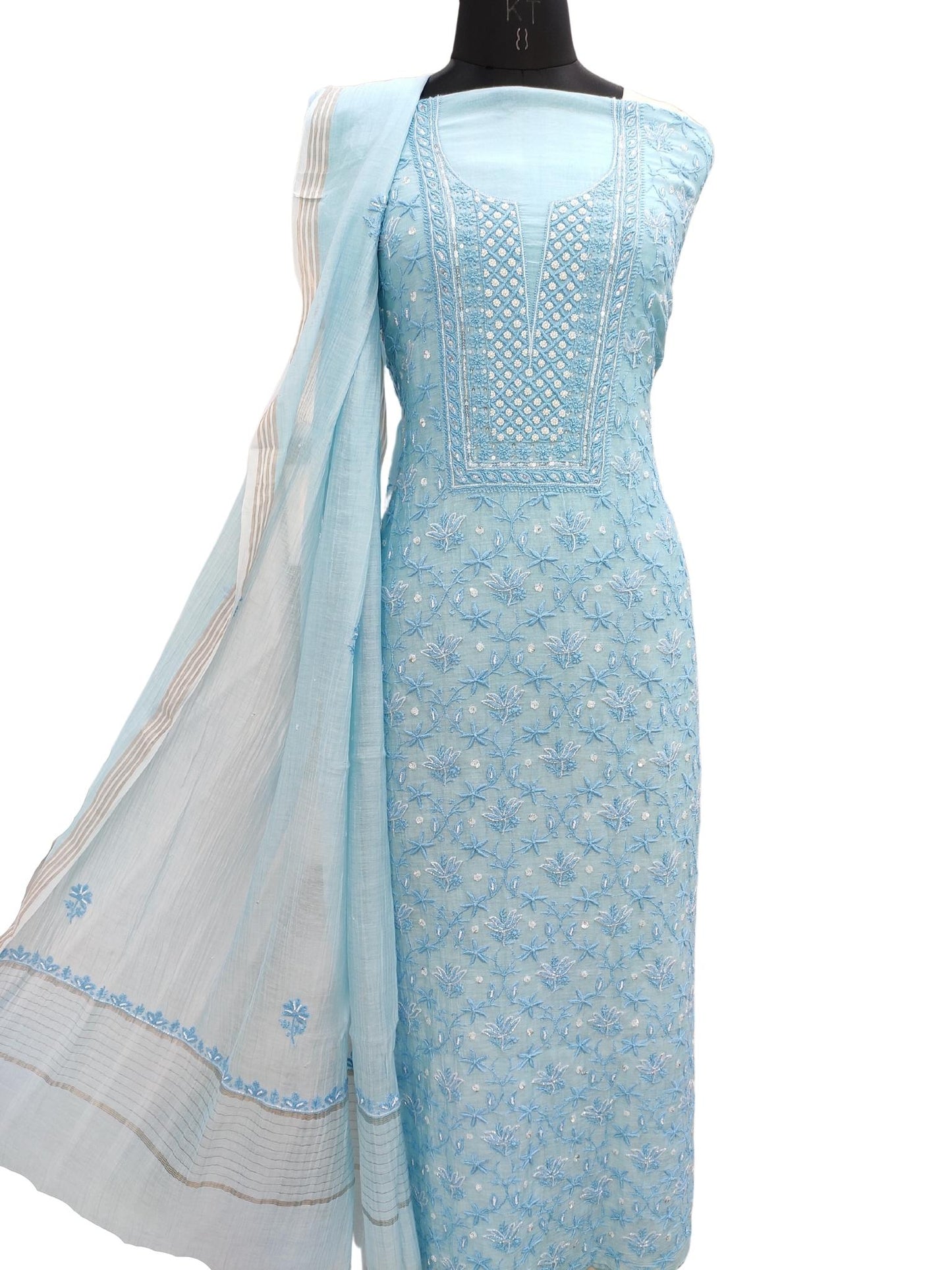 Shyamal Chikan Hand Embroidered Blue Mul Chanderi Lucknowi Chikankari Unstitched Embellised Suit Piece With Pearl Work (Kurta Dupatta Set) - S18182