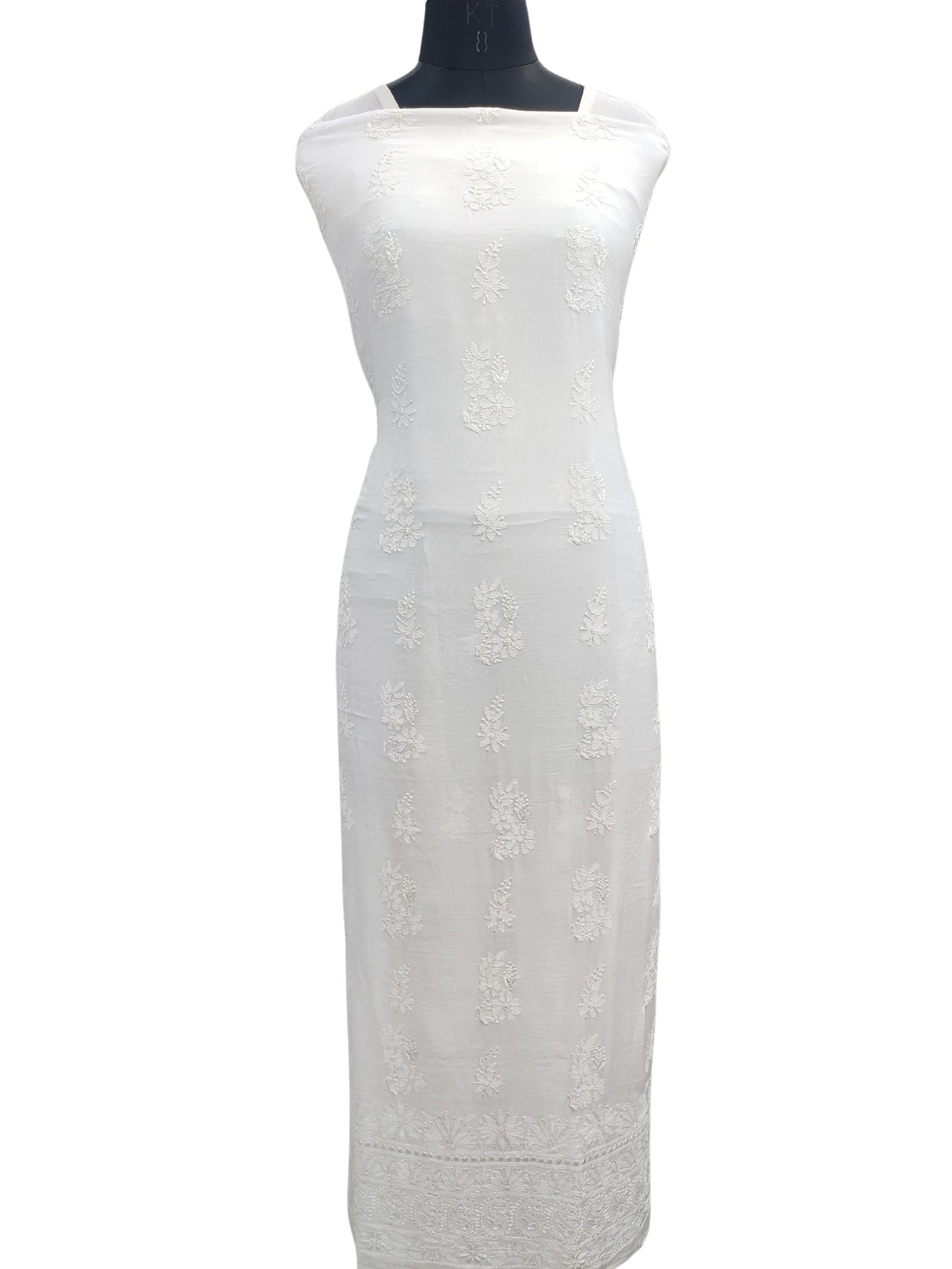 Shyamal Chikan Hand Embroidered White Muslin Lucknowi Chikankari Unstitched Kurta Piece - 23930