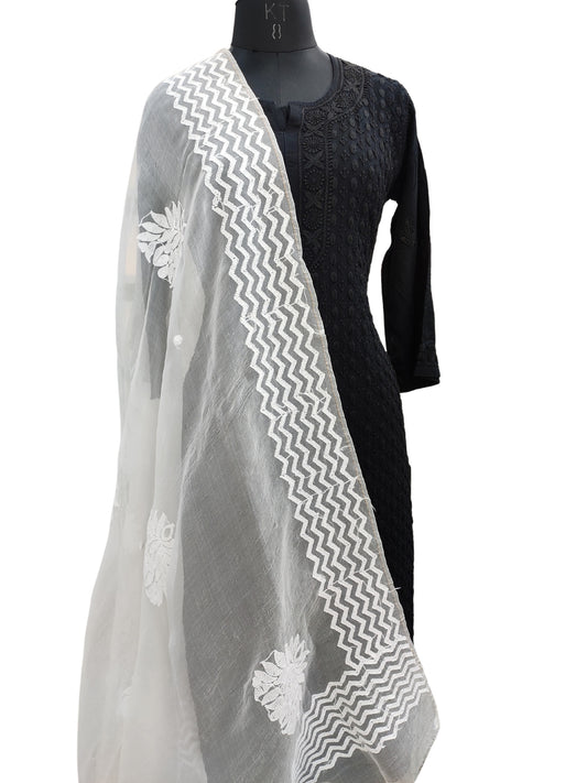 Shyamal Chikan Hand Embroidered White Pure Organza Lucknowi Chikankari Dupatta - S24066