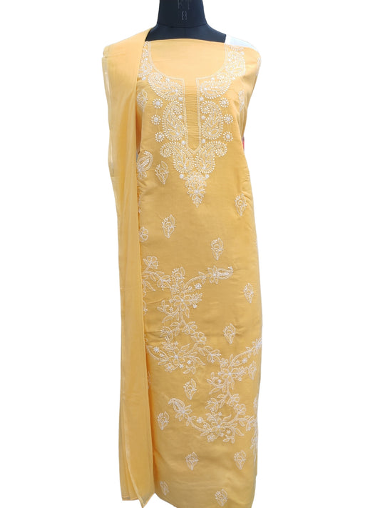 Shyamal Chikan Hand Embroidered Yellow Cotton Lucknowi Chikankari Unstitched Suit Piece - S24769