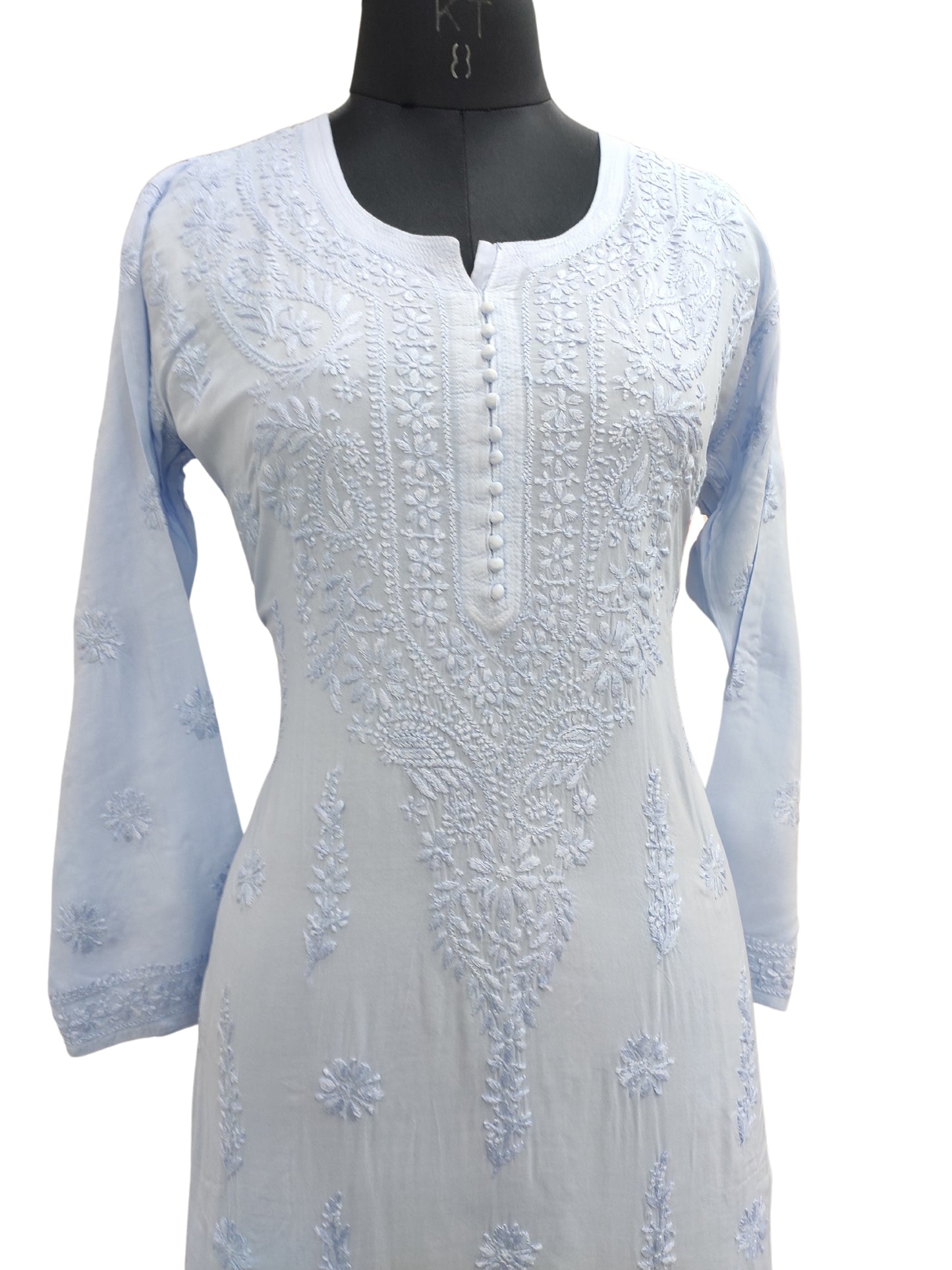 Shyamal Chikan Hand Embroidered Blue Modal Cotton Lucknowi Chikankari Kurti - S24693