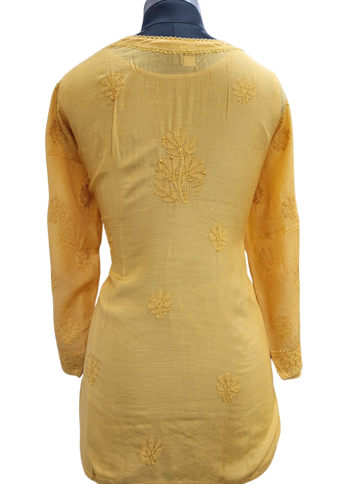 Shyamal Chikan Hand Embroidered Yellow Muslin Lucknowi Chikankari Short Top - S23495