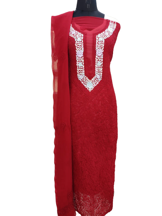 Shyamal Chikan Hand Embroidered Red Georgette Lucknowi Chikankari Unstitched Suit Piece With Parsi Work - S22638