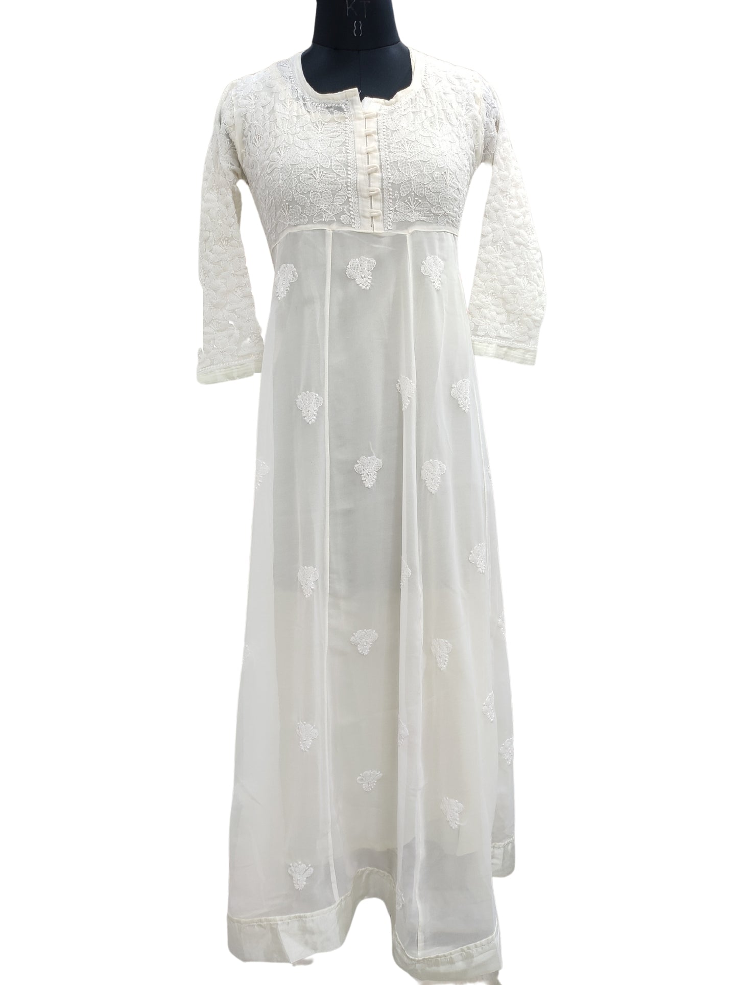 Shyamal Chikan Hand Embroidered White Georgette Lucknowi Chikankari Gown - S5061