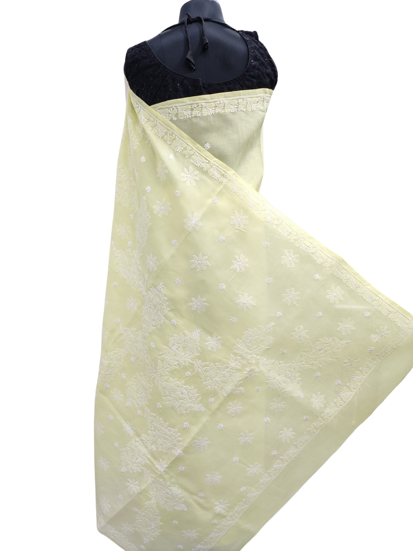 Shyamal Chikan Hand Embroidered Lemon Cotton Lucknowi Chikankari Saree With Blouse Piece- S22734