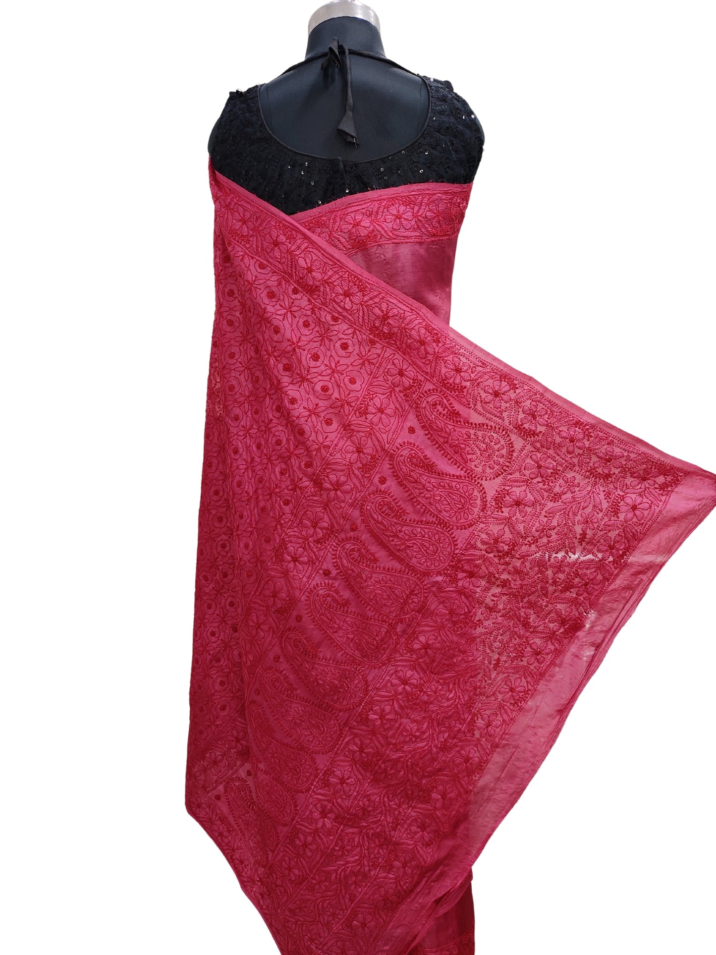 Shyamal Chikan Hand Embroidered Dark Pink Pure Tusser Silk Lucknowi Chikankari Saree With Blouse Piece- S20721