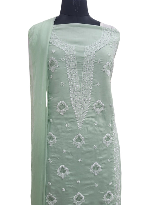 Shyamal Chikan Hand Embroidered Green Cotton Lucknowi Chikankari Unstitched Suit Piece With Jaali Work - S25041