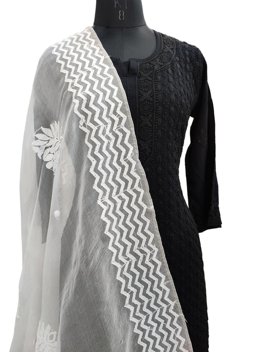 Shyamal Chikan Hand Embroidered White Pure Organza Lucknowi Chikankari Dupatta - S24066