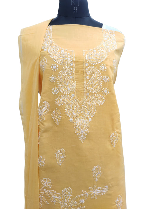 Shyamal Chikan Hand Embroidered Yellow Cotton Lucknowi Chikankari Unstitched Suit Piece - S24769