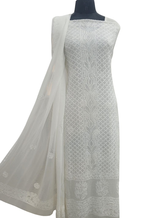 Shyamal Chikan Hand Embroidered White Viscose Georgette Lucknowi Chikankari Unstitched Suit Piece With Cutdana Work ( Kurta  Dupatta Set) - S25222