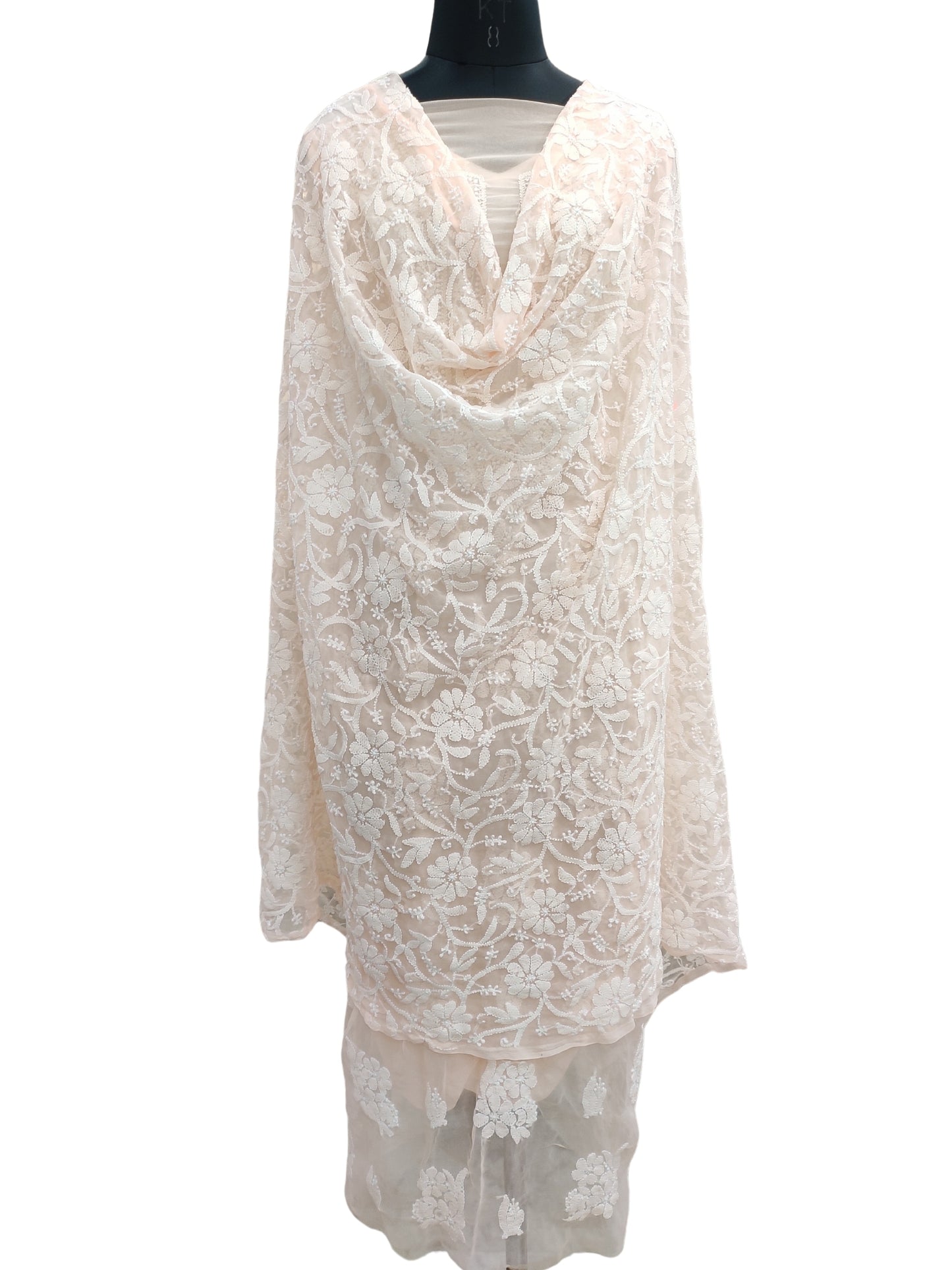 Shyamal Chikan Hand Embroidered Peach Georgette Lucknowi Chikankari Unstitched Suit Piece With Heavy Dupatta - S24367