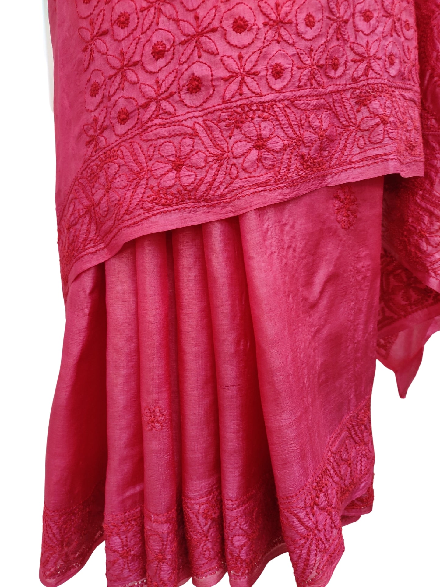 Shyamal Chikan Hand Embroidered Dark Pink Pure Tusser Silk Lucknowi Chikankari Saree With Blouse Piece- S20721