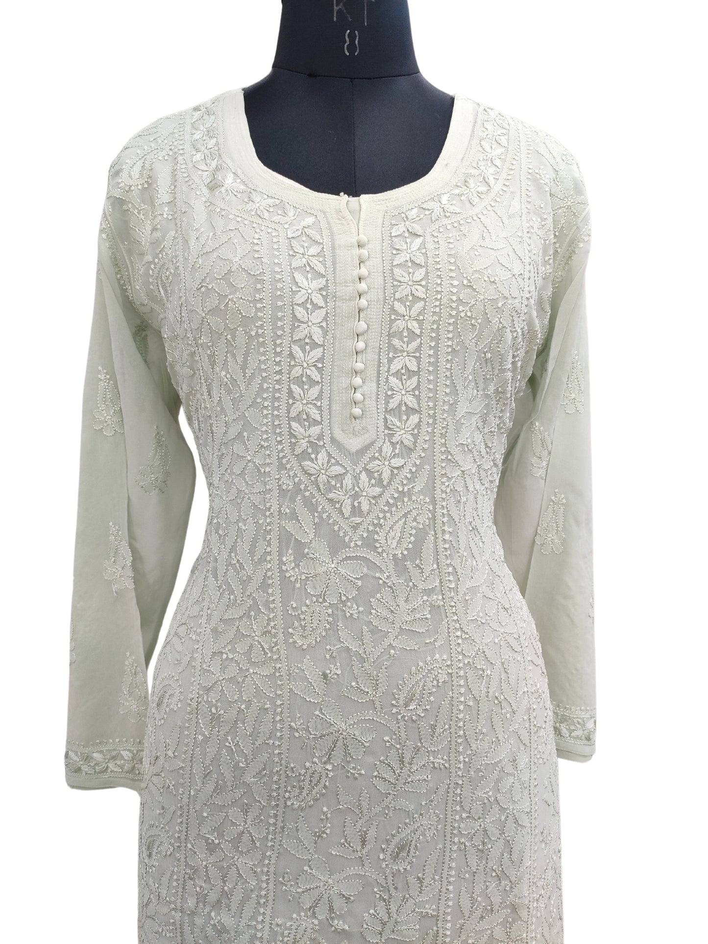 Shyamal Chikan Hand Embroidered Green Viscose Georgette Lucknowi Chikankari Kurti - S22797