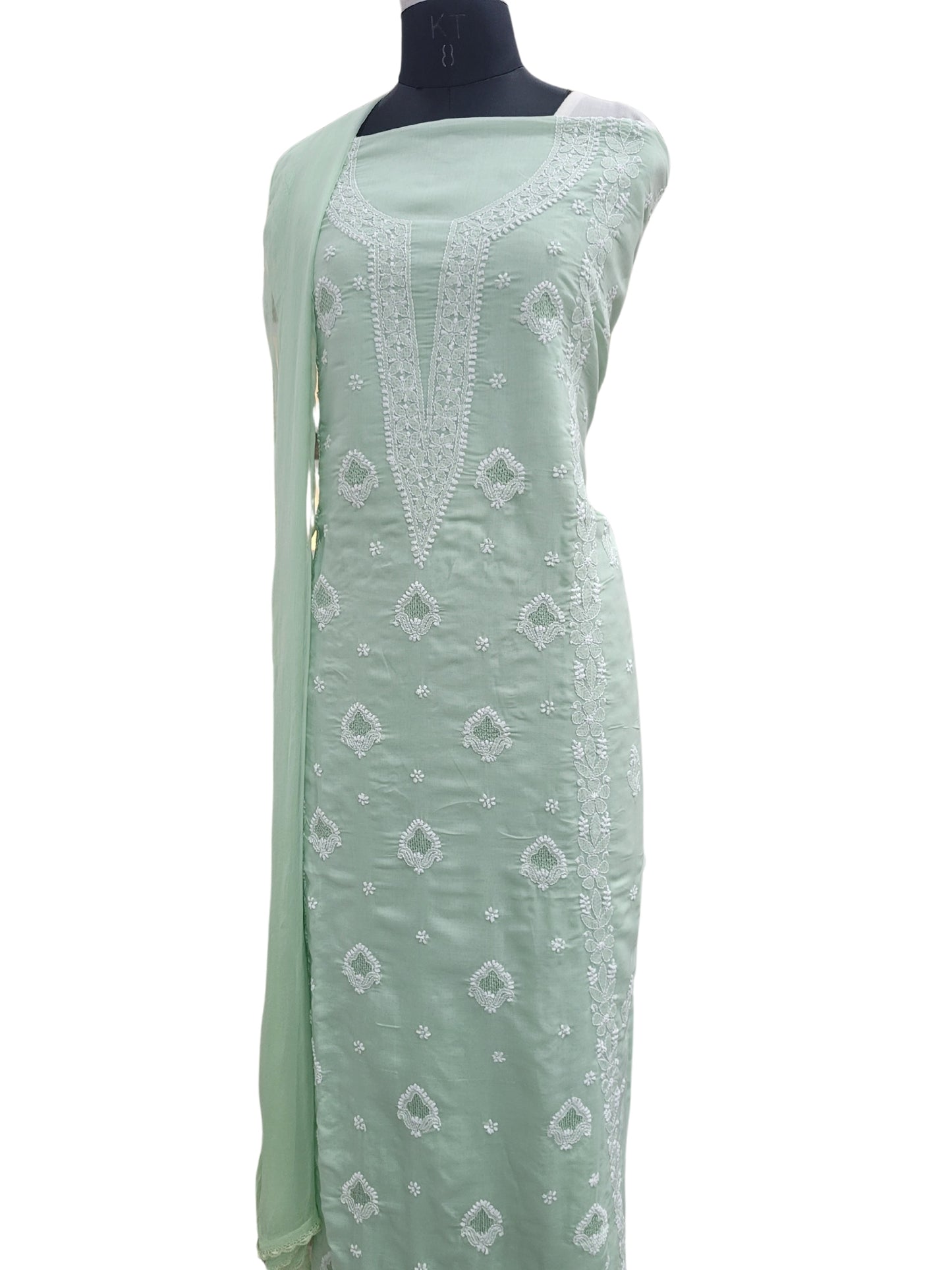 Shyamal Chikan Hand Embroidered Green Cotton Lucknowi Chikankari Unstitched Suit Piece With Jaali Work - S25041