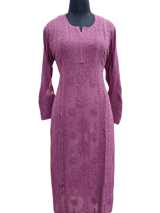 Shyamal Chikan Hand Embroidered Wine Viscose Georgette Lucknowi Chikankari Kurti With Crosia Work  - 23850