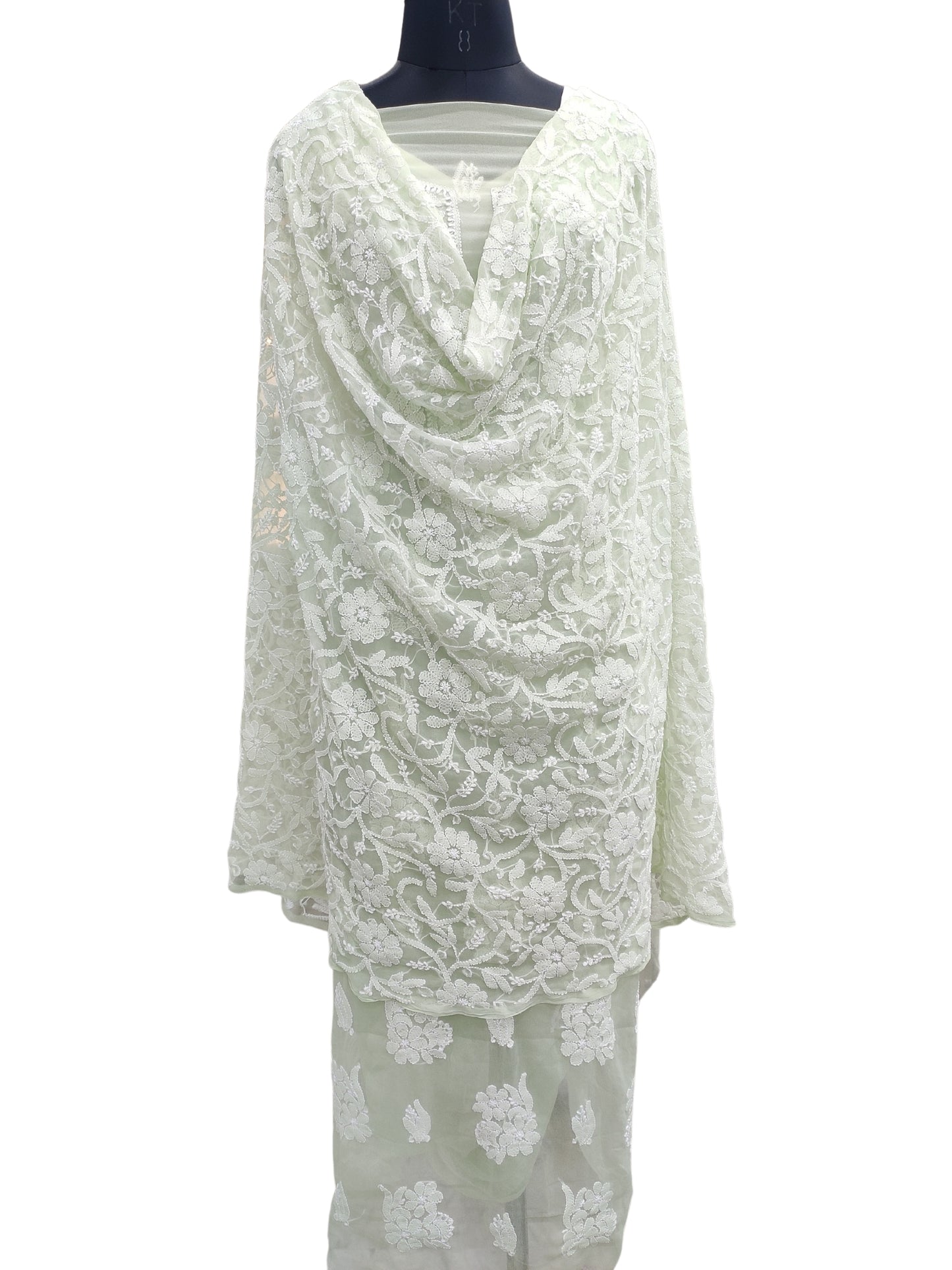 Shyamal Chikan Hand Embroidered Sea Green Georgette Lucknowi Chikankari Unstitched Suit Piece With Heavy Dupatta  - 24050