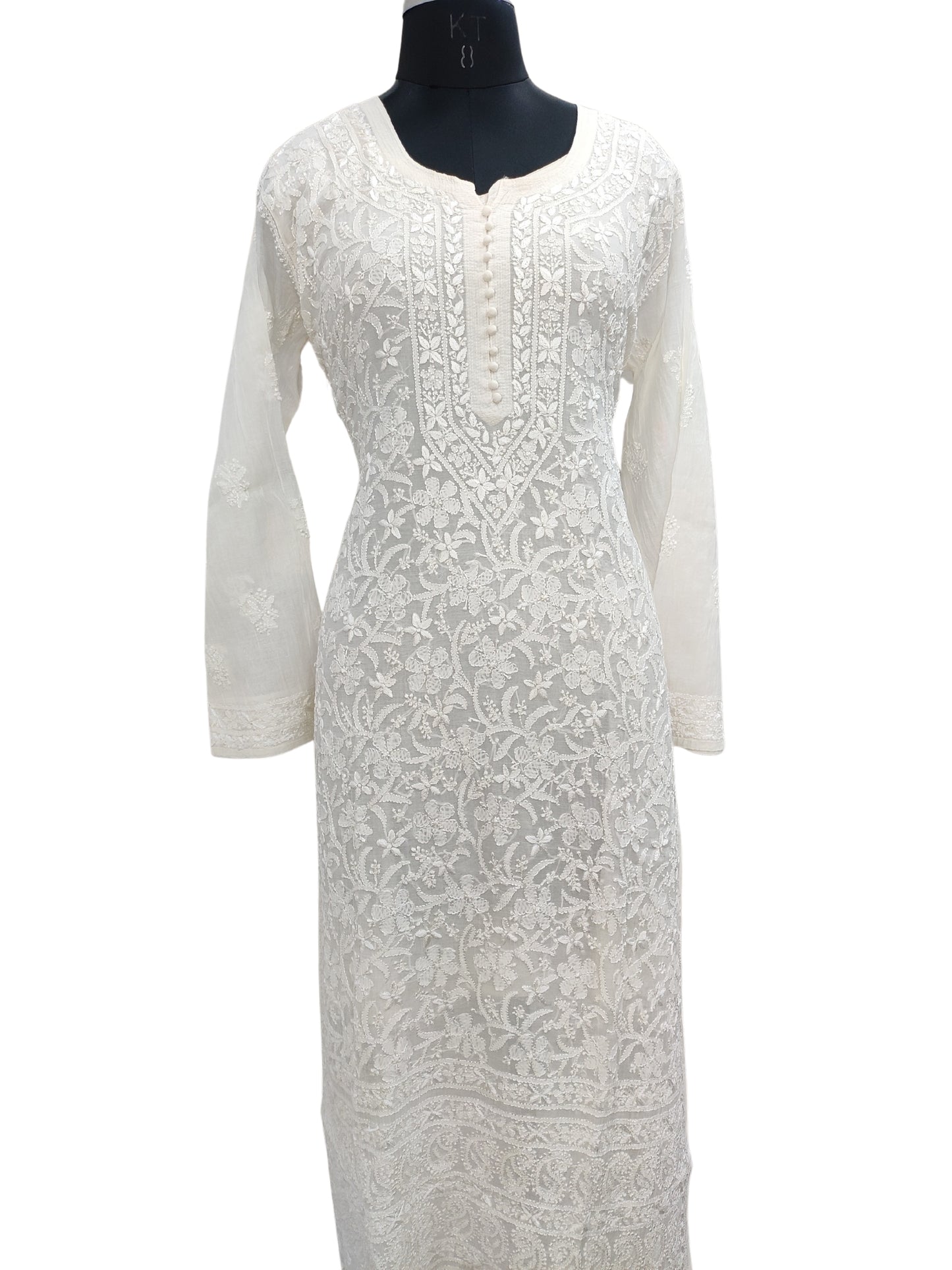 Shyamal Chikan Hand Embroidered White Mul Chanderi Lucknowi Chikankari Kurti - S24229