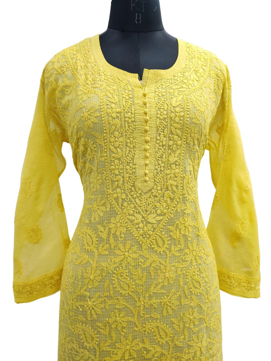 Shyamal Chikan Hand Embroidered Yellow Kota Cotton Lucknowi Chikankari Kurti- S21664