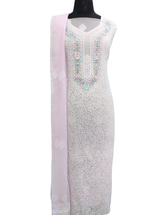 Shyamal Chikan Hand Embroidered Pink Georgette Lucknowi Chikankari Unstitched Suit Piece With Parsi Work - S22635