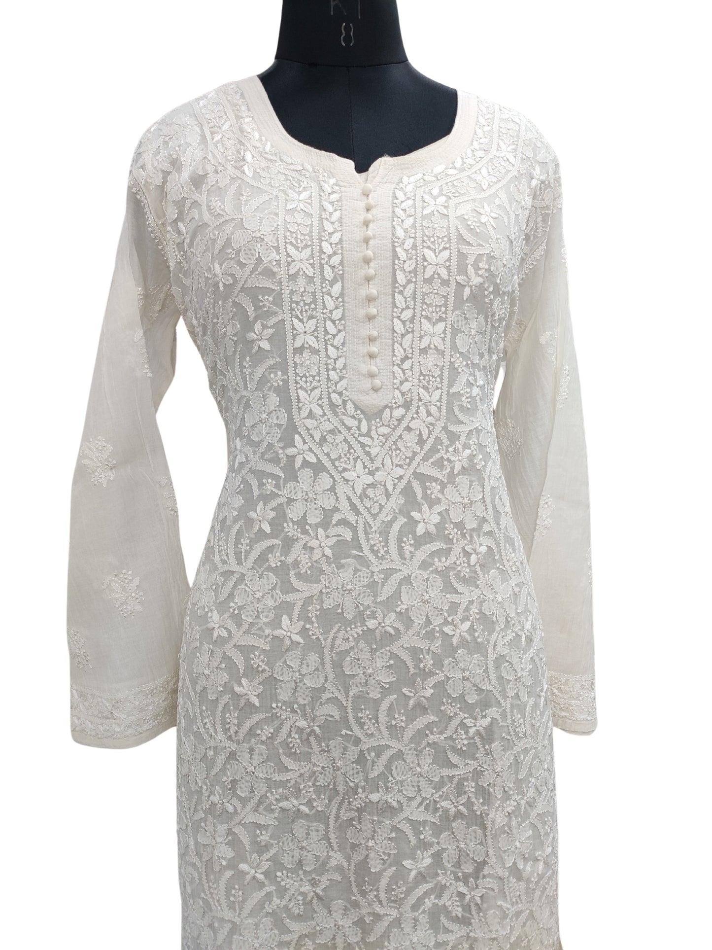 Shyamal Chikan Hand Embroidered White Mul Chanderi Lucknowi Chikankari Kurti - S24229