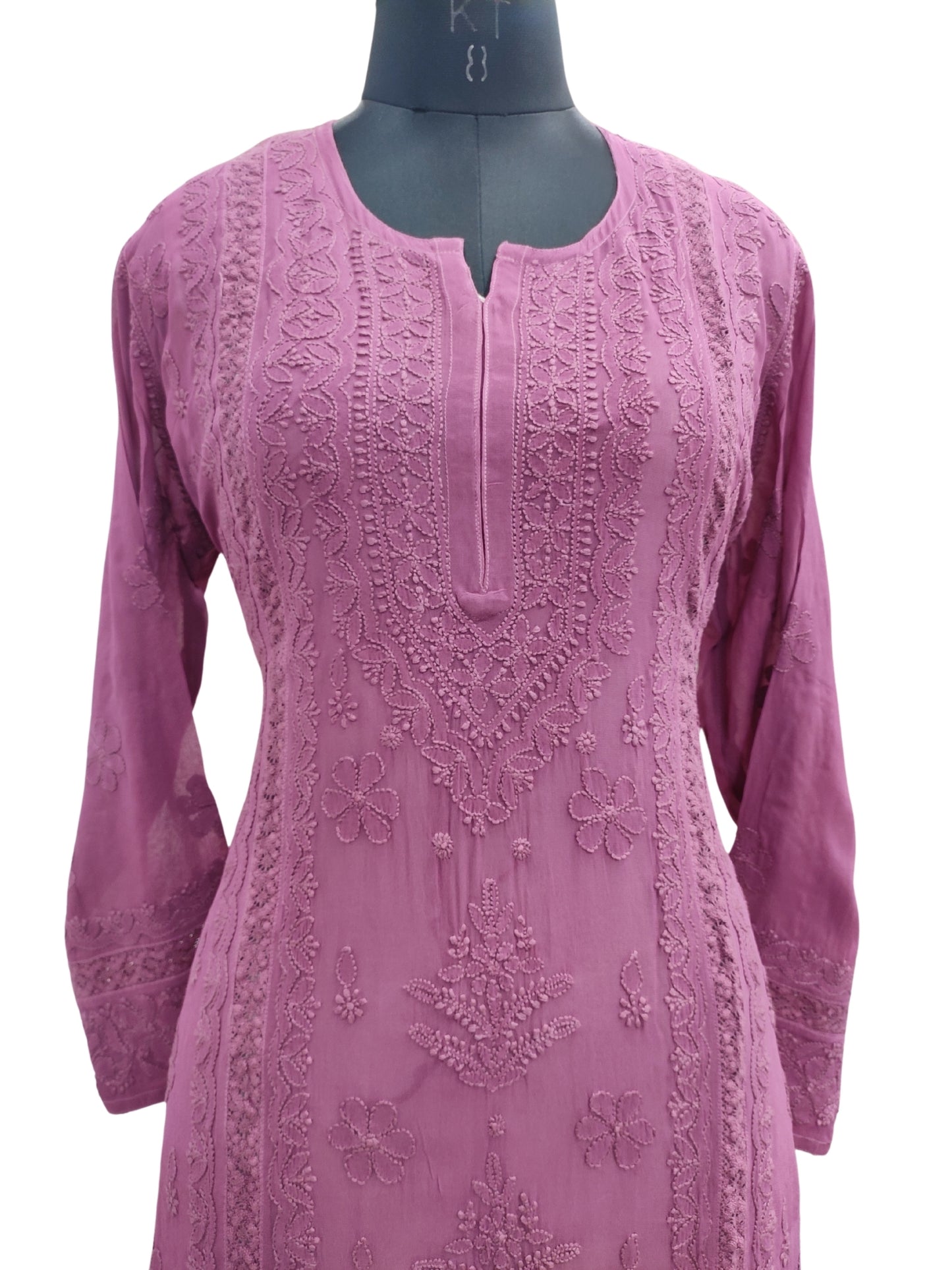 Shyamal Chikan Hand Embroidered Wine Viscose Georgette Lucknowi Chikankari Kurti With Crosia Work  - 23850