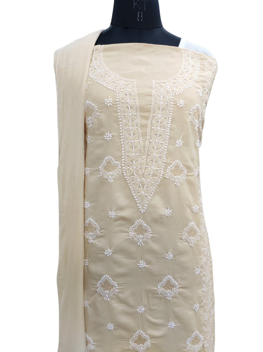 Shyamal Chikan Hand Embroidered Beige Cotton Lucknowi Chikankari Unstitched Suit Piece With Jaali Work - S22242