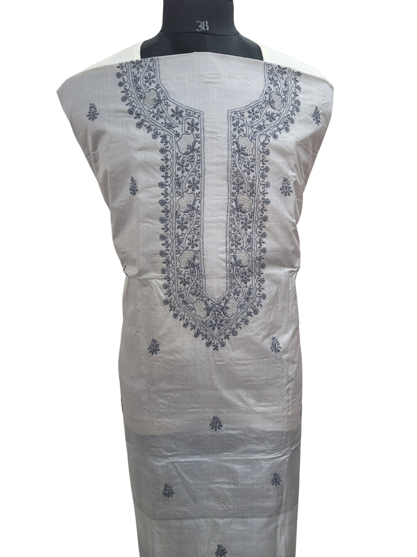 Shyamal Chikan Hand Embroidered Grey Pure Tusser Silk Lucknowi Chikankari Unstitched Men's Kurta Piece – S24570