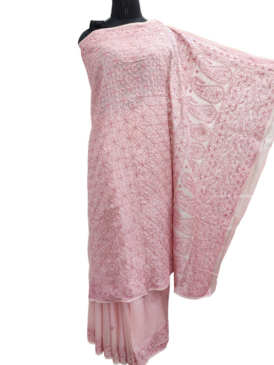 Shyamal Chikan Hand Embroidered Pink Pure Tusser Silk Lucknowi Chikankari Saree With Blouse Piece- S20722